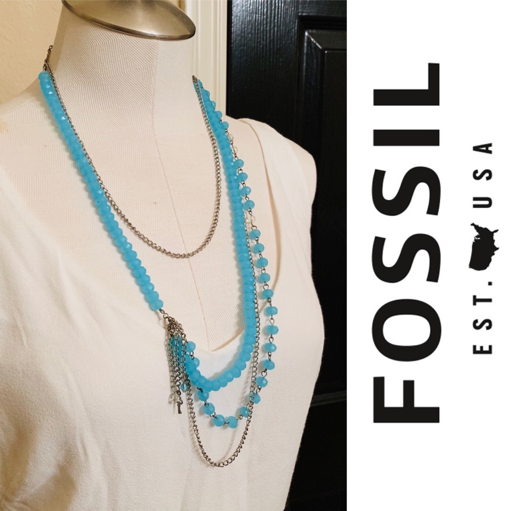 Fossil Multi Blue Strand Beaded Necklace Silver Tone Hardware EUC